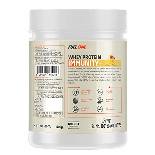 Image of MuscleBlaze Fuel One Whey Protein, 24 g Protein, 5.29 g BCAA & 4.2 g Glutamic Acid (Mango, 500 g / 1.1 lb)