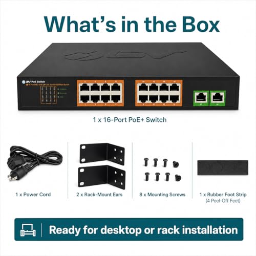Image of BV-Tech 18-Port Gigabit PoE+ Switch | 16 PoE+ Ports @ 120W & 2 Gigabit Uplink Ports | 802.3af /at 30W /Port | Unmanaged Plug and Play | for IP Cameras & Access Points