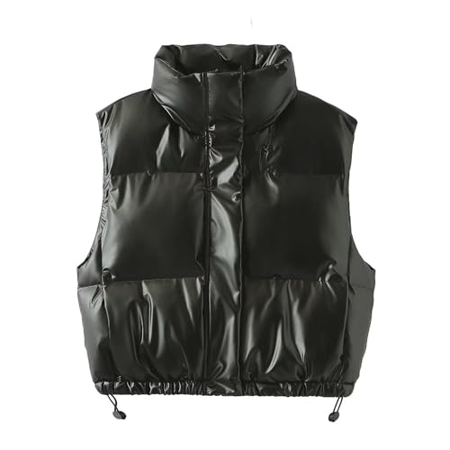 FindThy Women’s Cropped Puffer Vest Shiny Metallic Stand Collar Sleeveless Winter Quilted Down Jacket Coat with Pockets