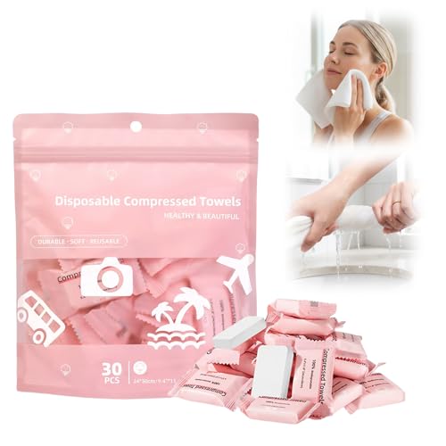 Compressed Towels Disposable Face Towel Compressed Towel Tablets Portable Cotton Coin Tissues Soft Thick Expandable Towels for Travel Camping Home Outdoor Gym Makeup Removal (30 Pink)