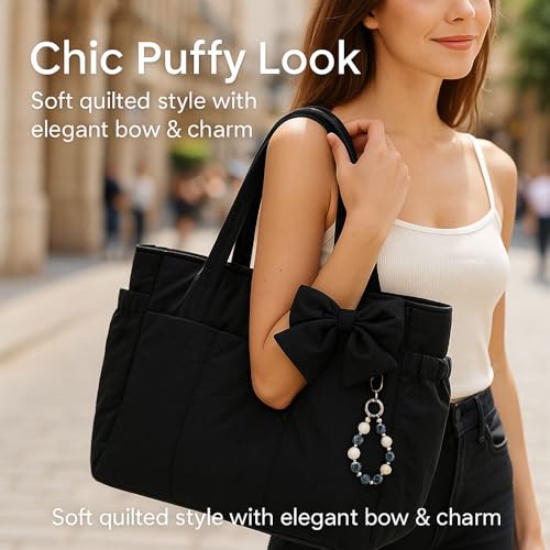 Crush Bow Tote Bag, 26L Large Lightweight Tote with Pockets, Commuter Travel Shoulder Bag for Women, Foldable Work2