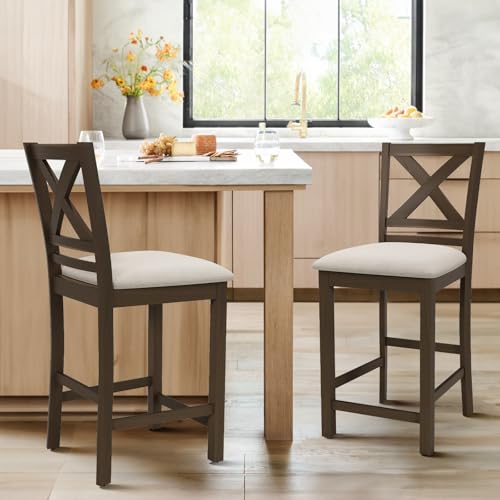 Image of COLAMY Upholstered Counter Height Bar Stools Set of 2, Modern Kitchen Island Barstools Chairs with Cross Back and Wood Legs for Dining Room Bar, Brown Black