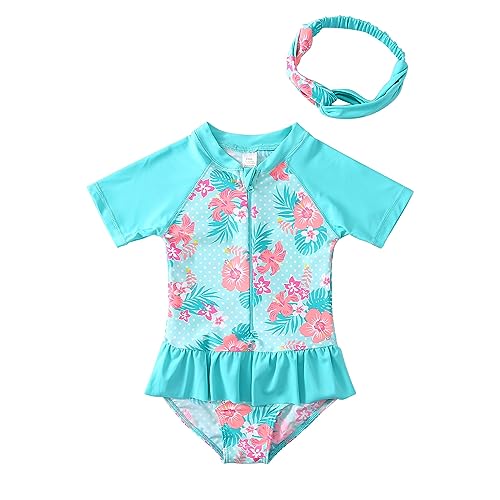 Sweegentle Girls Swimsuit 3-10 Years UPF 50+ UV One Piece Swimwear with Hair Band Green