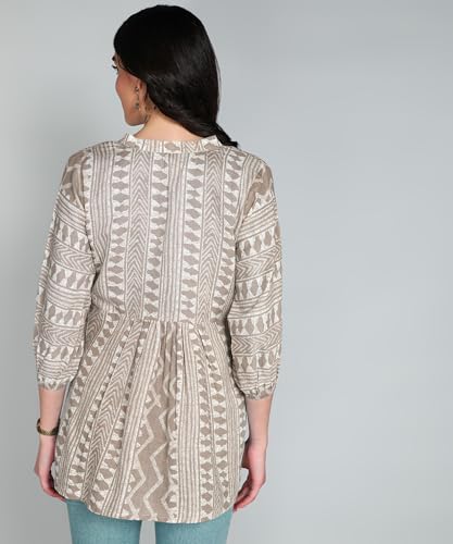 Image of Stylistico Geometric Print Summer Cotton Tunic Western Everyday Regular Fit Full Sleeve v Neck Office Peplum Printed Long Tops for Women Latest