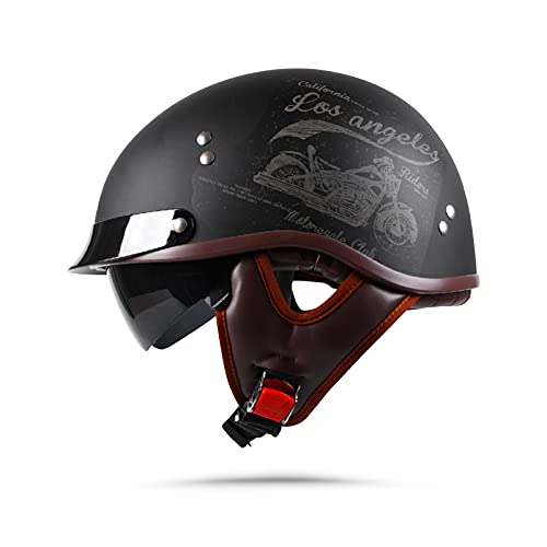 BOSERMEM Adulte Harley Moto Casque Scooter Casque Dot/ECE Approuvé, Élégant Casque Semi-Ouvert avec Lunettes(Noir Mat Rétro Moto) Cover