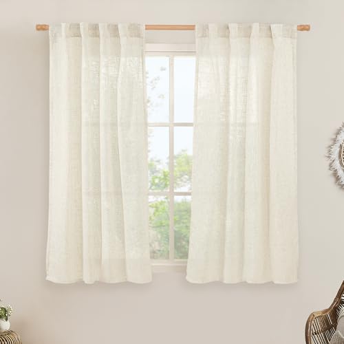 LAMIT 54 inches Long Semi Sheer Linen Curtains 2 Panels, Cream Ivory Light Filtering Panels Back Tab and Rod Pocket Boho Neutral Drapes for Living Room/Bedroom/Farmhouse, 38 x 54 Inch