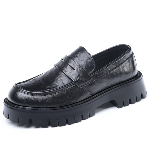 Men's Leather Chunky Platform Penny Loafers Comfy Round Toe Platform Slip-On Dress Business Casual Shoes with Non-Slip Lug Sole Sizes 5-14 US