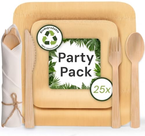 Bamboo Disposable Plates & Pre-Rolled Cutlery Set