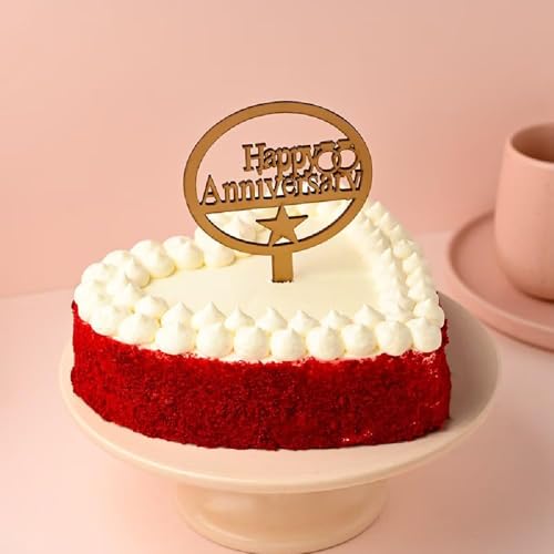 Image of FlowerAura Delicious Silky Smooth Fresh Heart Shape Red Velvet Anniversary Cake With Happy Anniversary Topper Gift For Girlfriend, Boyfriend, Husband, Wife, Parents, Friends (Same Day Delivery)(0.5Kg)