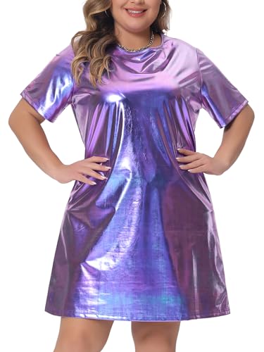 Agnes Orinda Plus Size Dress for Women Metallic Round Neck Short Sleeve Party Clubwear Loose Mini T-Shirt Dress