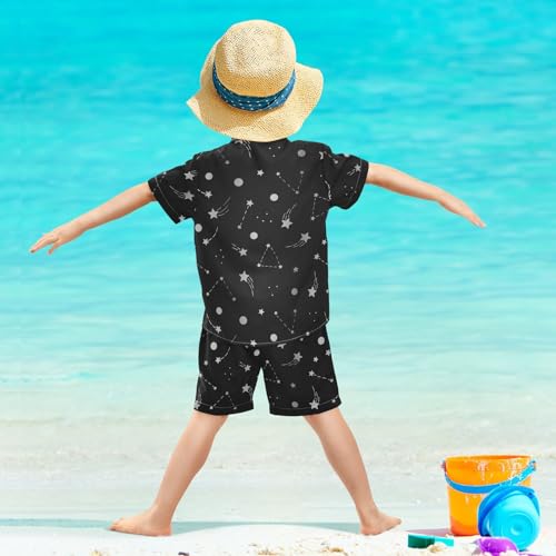 Image of Boys Short Sets Hawaiian Outfits Nigh Sky Star Line for Kids, Summer Beach Button Down Shirt and Short 2 Piece Sets with Pockets Size 5-6Y