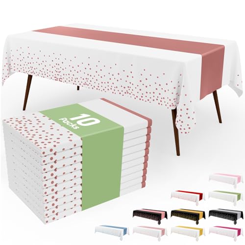Image of Smiry Plastic Table Cloth Disposable 10 Pack, 54 x 108 Inch Rectangle Waterproof Tablecloth, Printed Gold Table Runner Style for Birthday Weeding, Party, Leakproof & Sturdy, Rose Gold and White