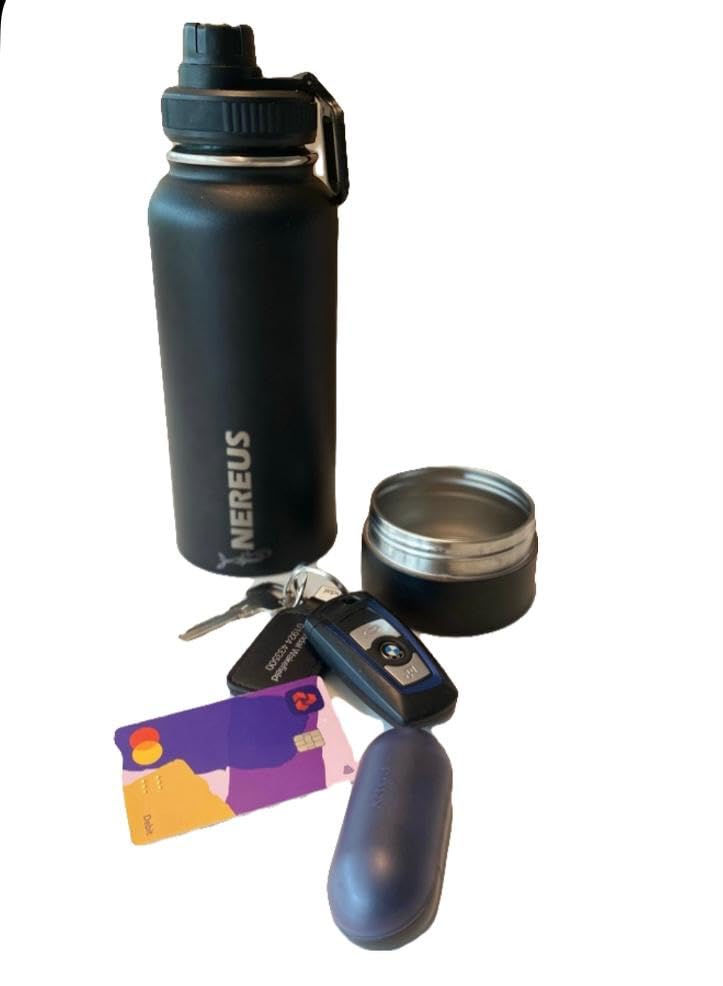NEREUS Water Bottle with Hidden/Secret Compartment - Thermal Lined for hot and Cold Drinks (Black)