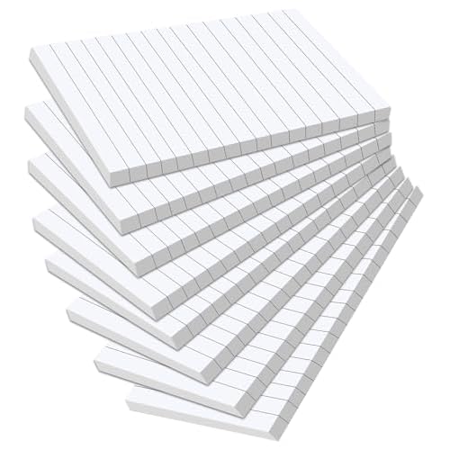 Pack of 400 Sticky Notes White,Lined Self-Adhesive Notes 100 x 150 mm, Sticky Note Pads with Lines, Large Lined Sticky Notes for Marking Pages for Office, Study, Home, 8 Pack/400 Sheets 100x