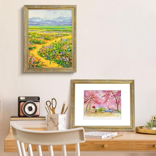 Image of Golden State Art,12x16 Ornate Picture Frame Holds 8.5x11 Photo,Vintage Gold | Includes real glass front,white mat,build-in hangers and buttons.Displays 8.5x11 photo on wall