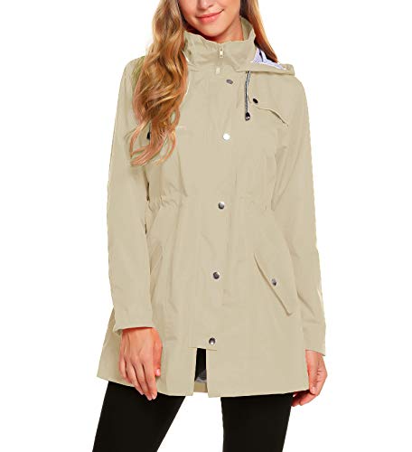 ZHENWEI Womens Lightweight Hooded Waterproof Active Outdoor Rain Jacket Khaki M