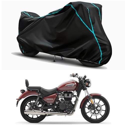 Image of Waterproof Bike Body Cover Compatible for | Royal Enfie Super Meteor 650 | Taffeta Fabric, Sky Piping Design, Bottom Elastic Fit | Dustproof, Sun UV & Rain Protection for All Weather.