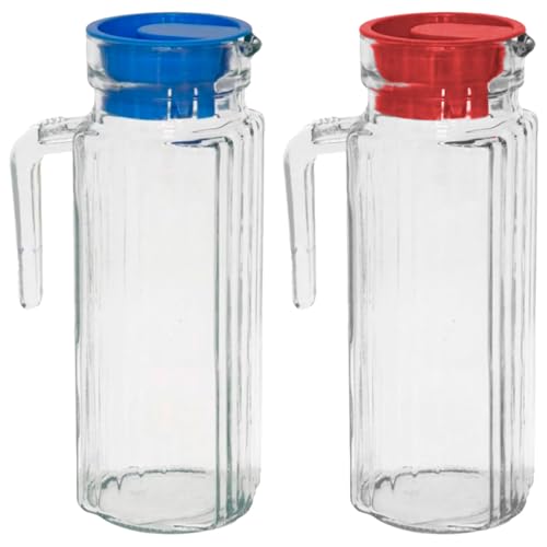Tradineur - Pack de 2 Jarras de cristal modelo frigo - Capacidad de 1 litro - Recipiente para almacenar y servir toda clase de bebidas - 23,5 x 8,3 x 12 cm - Tapa Color Aleatorio