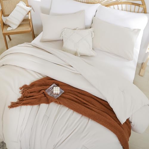 Image of weigelia Beige Comforter Queen Size 3PCS Bed Comforter with 2 Pillowcases - Ligtweight Soft Solid All Season Queen Comforter Bed Set - Boho Aesthetic Bedding Set for Men and Women