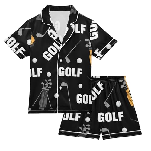 Satin Pajama Sets Short Sleeve Golf Equipment Pattern Print Button Down Silky Nightwear 2 Piece PJS 5-14Y