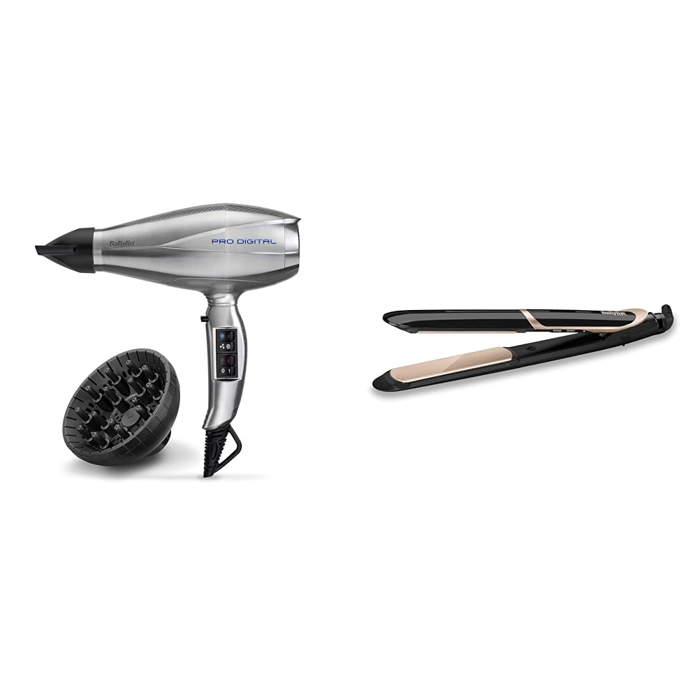 BaByliss Sèche-cheveux Pro Digital 2200 avec Technologie Ionique et Céramique & Lisseur Super Smooth 235 avec Technologie Titanium-Céramique et Ionique avec mode protection de chaleur ST393E