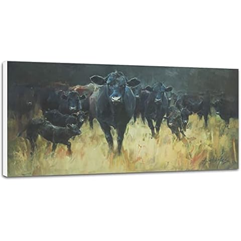 Large Cow Pictures Wall Art, Farmhouse Angus Black Cows Canvas Painting Print Wall Decor Rustic Home Decorations for Living Room Bedroom, 20x40inch Framed Ready to Hang Cover