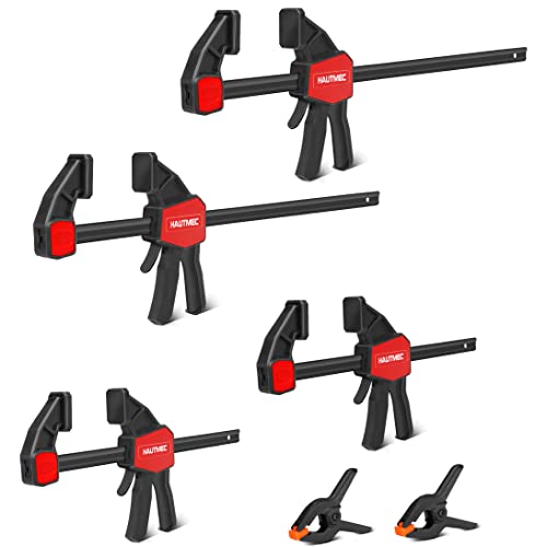 HAUTMEC 6-Piece Bar Clamps for Woodworking,12Inch x 2 and 6X 2Inch Wood Clamps,2 Spring Clamps,Light-Duty Quick-Change F Clamps with One-Handed Design HT0291-CL