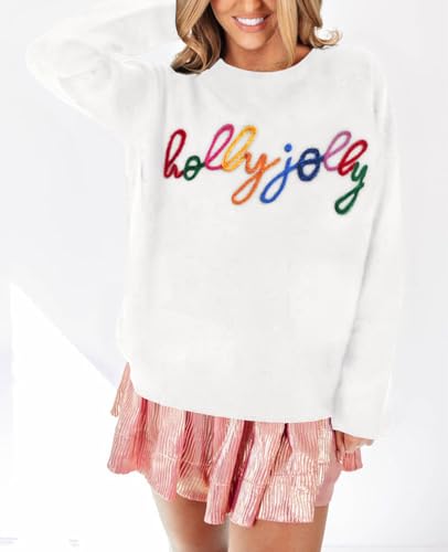 Image of SELINK Women's Holiday Sweater Crew Neck Print Casual Long Sleeve Pullover | cute tops, knit graphic sweaters, sequin letters, festive outfits, comfort fit for party daily wear