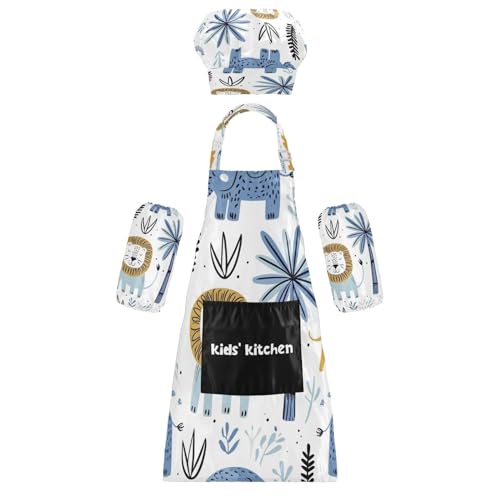 Bulletgxll Cartoon Lions Kids Apron and Chef Hat Set Adjustable Bib Aprons with Pockets for Cooking Baking Painting