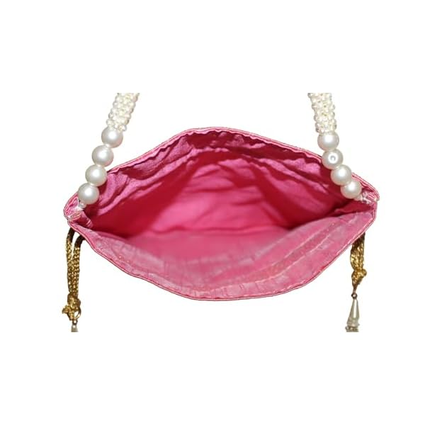 MILAN'S CREATION : Pearl & Zardosi Potli Bag Hand Embroidery Drawstring Potli Women's Handbag Purse With Pearl Handle & Tassel Purse - Image 6