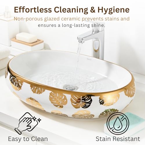 Image of Wallace Designer Oval Table Top Wash Basin White 60x40x15 cm | Premium Ceramic Countertop Vessel Sink with Gold Leaf Pattern | Luxury Over Counter Bathroom Basin