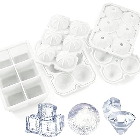 Ice Cube Trays, meidong 3 Pack Food-Grade Silicone Ice Cube Trays Round Big Ice Balls Square Diamond Ice Cube Trays, Reusable and Easy Release Reusable for Chilling Whiskey Wine Cocktail (White) Cover