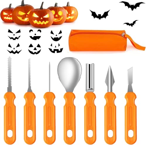 Mengine Halloween Pumpkin Carving Kit, 7 Piece Set Professional Pumpkin Carving Tools Heavy Duty Stainless Steel with Stencils and Storage Bag for Halloween Pumpkin Decorative