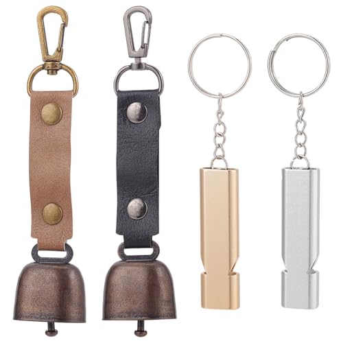 NBEADS 2 Pcs Dog Collar Bells with 2 Pcs Double Frequency Whistles, Pet Bells Tracker Noise Maker Pendant with PU Leather Strap for Dog Cat Pet Cow Farm Emergency Survival