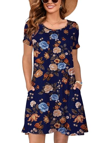 Image of Heymoments Women's Short Sleeve Crewneck Sundress Summer Casual A-Line Beach Dress with Pockets S-2XL