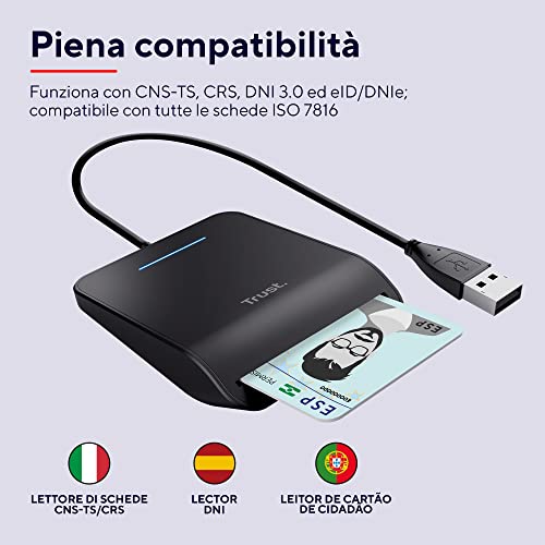 Trust Primo Lettore di Smart Card, DNI, Conforme con FIPS 201, FIPS TAA e ISO 7816 Classe A, B, C, Cavo di 100 cm, USB Plug & Play, Nero