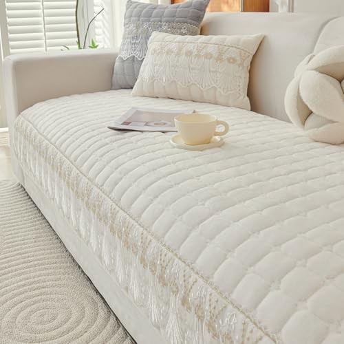 Image of HOKIPO 'BelleLace Series' Imperial Milk Velvet Sofa Cover Mat for 3 Seater Sofa, Lace Design, Pearl White (AR-5966-WHT*1)