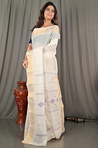 Image of eC ESHA'S COLLECTION Women's Kerala Cotton Floral Motif Printed Zari Bordered Tant Saree Without Blouse Piece