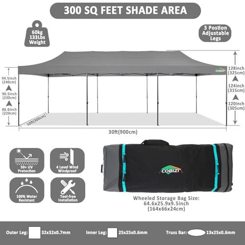 Image of COBIZI 10x30 Pop Up Canopy Tent,Heavy Duty Canopy(Gray Gray No Sidewalls)