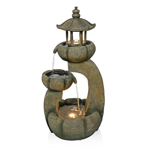 Alpine Corporation WIN1688 32" 2-Layer Pagoda Polystone Fountain with LED Lights, Cascading Waterfall, Outdoor Garden and Patio Water Feature, Zen Décor, Relaxing Sound, Brown