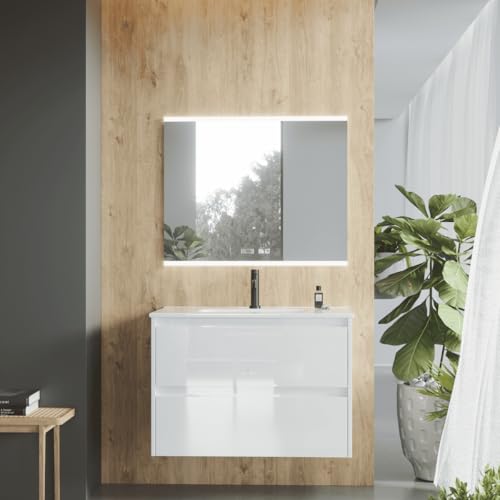 Mueble de Baño Suspendido Fondo Reducido con Lavabo Cerámico| Mueble Volado 2 Cajones | 70 cm Blanco Brillo