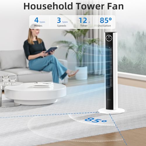 Image of Antarctic Star Tower Fan Portable Floor Fans 85Oscillating Fan Quiet Cooling 12H Timer Remote Control Standing Bladeless Electric 3 Wind Speeds 4 Modes Bedroom Office,36 inch, Black+White