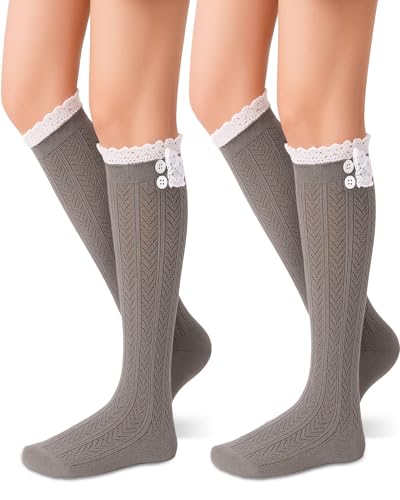 Syhood 2 Pair Long Button Boot Socks with Lace Trim Knit Boot Stockings Knee High Socks for Women Oktoberfest German Dirndl(Dark Grey)