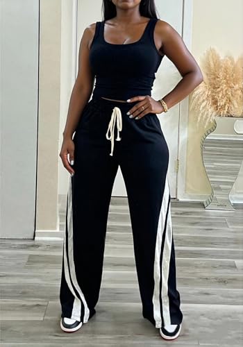 DINGANG High Waisted Casual Sweatpants Women Loose Wide Leg Elastic Waist Drawstring Cargo Striped Sweat Pants2