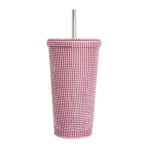 Paris Hilton Diamond Bling Water Tumbler With Lid And Straw, Vacuum Insulated Stainless Steel, Bedazzled With Over 3700 Rhinestones, 16.9-Ounce, Pink
