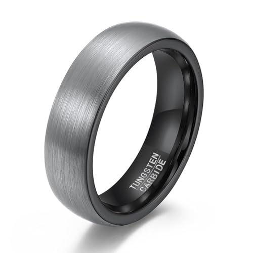 VQYSKO Aliança de casamento de tungstênio preto para homens | Aliança de casamento de tungstênio escovado abobadada preta de 4 mm e 6 mm para homens, ajuste confortável de alto polimento | Tamanho