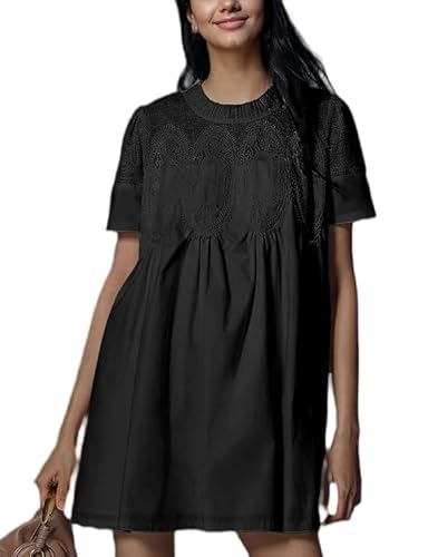 VAOYIU Women Crochet Lace Mini Dress Round Neck Short Sleeve Sheer Mesh Clothing Casual Outfits with Lace Back Design (Black-S)