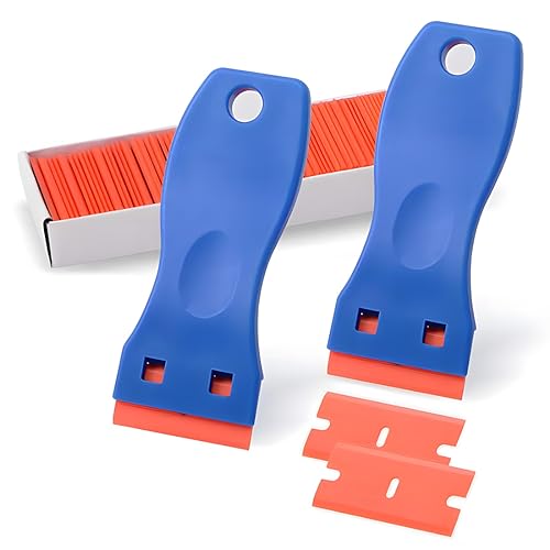 INGJIA 2Pcs Raschietti e 100 Lame in Plastica, Raschietto per Vetro, Razor Blade Spatola, Raschietto per Vignette per Adesivi in Vinile, Rimozione di Vetro, Finestre e Raschietti in Vetroceramica