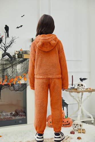 Image of Arshiner Girls 2 Piece Outfits Sweatsuit Fuzzy Long Sleeve Bear Ear Hoodie Sweatshirt and Sweatpant Kids Clothing Sets