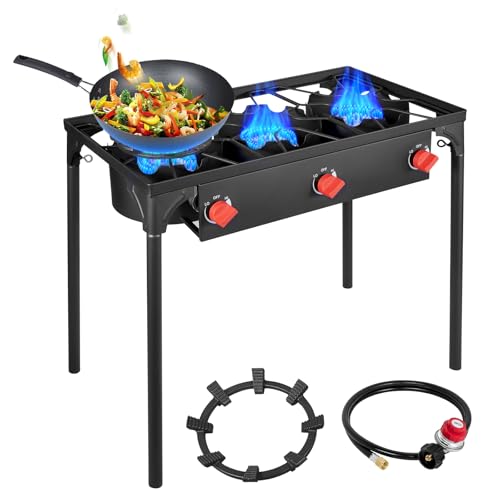 Llamaviva 3 Burner Propane Stove, 225,000 BTU Gas Camping Stove with Detachable Legs Stand, High Pressure Outdoor Stoves for Cooking